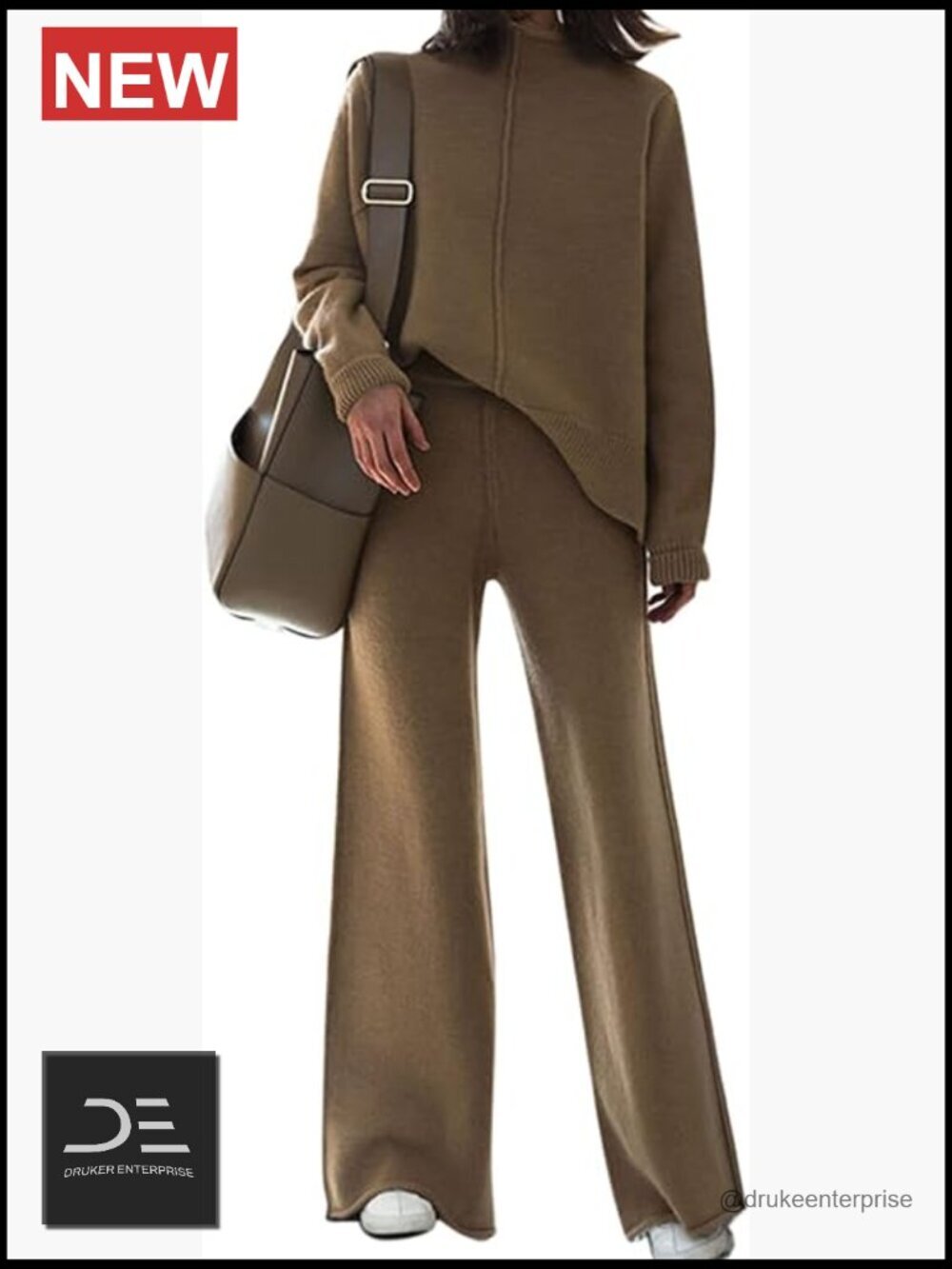2 Piece Knit Sweatsuit Turtleneck Top and Wide Leg Pant Lounge Set
